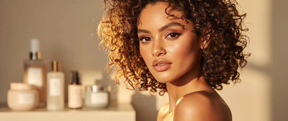 portrait femme cheveux bouclés lumière dorée ambiance spa minimaliste flacons soins peau flous