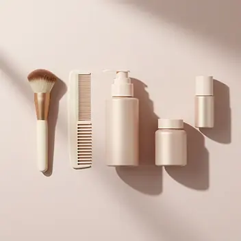 scène minimaliste avec pinceau, peigne et flacons de soins visage