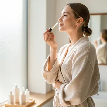 femme appliquant un sérum visage dans une salle de bain lumineuse et naturelle