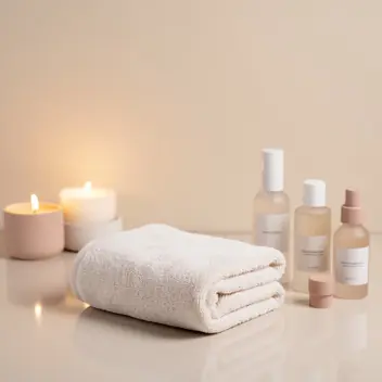 ambiance spa à domicile avec serviette, bougies et flacons de soins