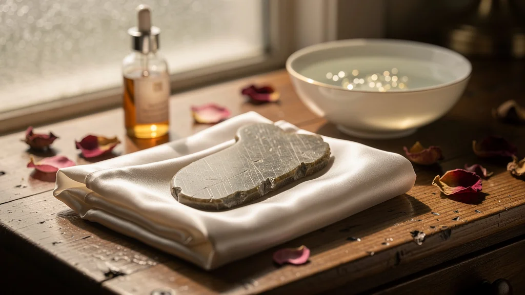 Gua sha mal taillé posé sur une table en bois, reflétant une erreur d’achat à 12 euros