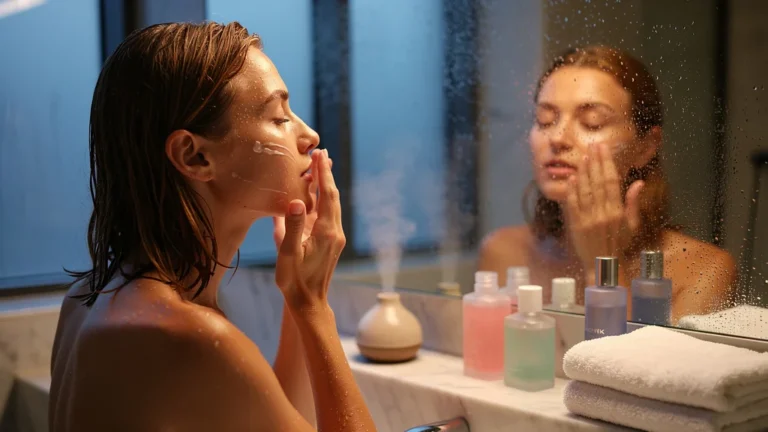 Femme appliquant soin sur peau humide dans salle de bain lumineuse, routine beauté transformée visiblement