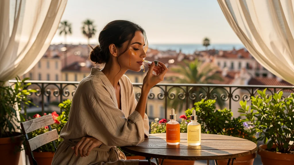 Femme à Nice appliquant deux sérums vitamine C sur peau mixte en plein rituel beauté matinal