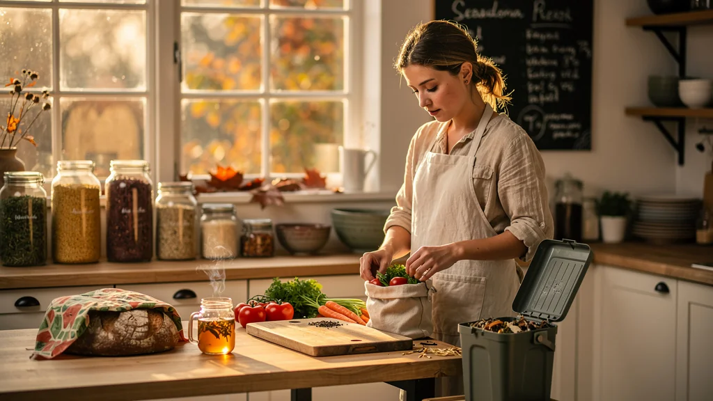 Routine zéro waste au quotidien : cuisine éco-responsable avec produits frais et zéro déchet sur plusieurs mois