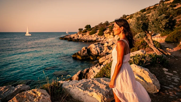 Femme méditerranéenne au soleil avec taches cutanées dues au soleil intense et chaleur dorée