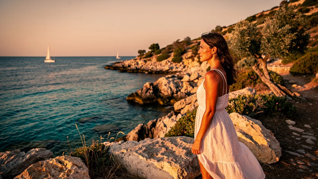 Femme méditerranéenne au soleil avec taches cutanées dues au soleil intense et chaleur dorée