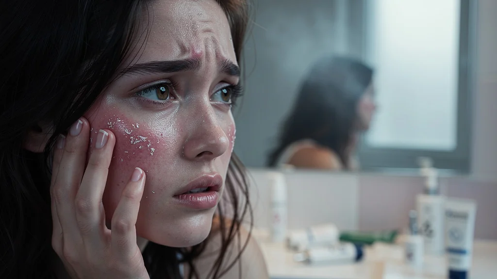 Femme avec peau sensible irritée après usage excessif d'acides, reflet de regret et soin cutané