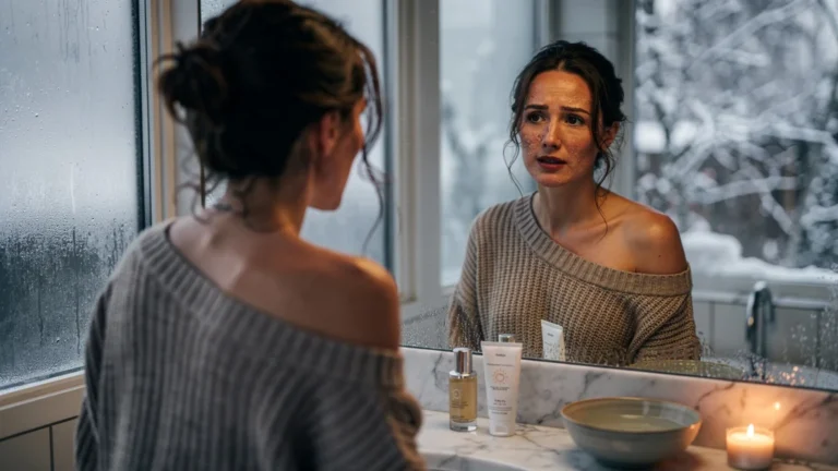 Femme regardant son teint terne et sec dans le miroir, illustrant l'erreur de ne pas protéger sa peau en hiver