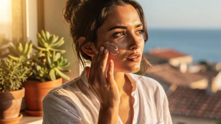 Femme méditerranéenne appliquant une hydratation minimale sur peau mixte en été lumineux