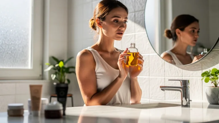 Femme découvrant l'huile de jojoba dans sa salle de bain, remplaçant ses crèmes habituelles