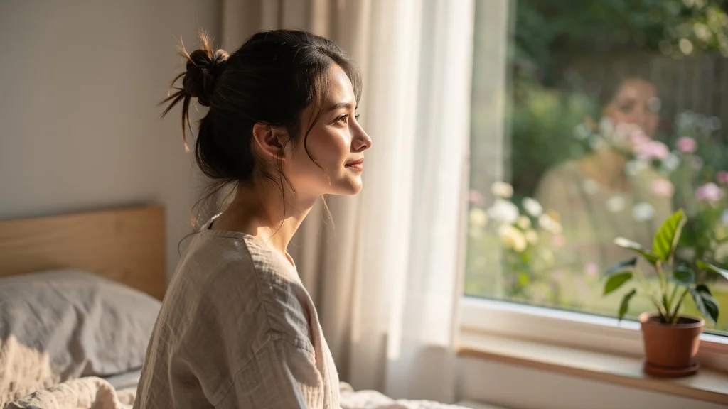 Femme sans maquillage avec peau apaisée après une semaine sans maquillage et éruptions cutanées calmées