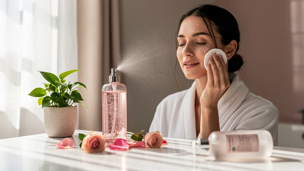 Femme appliquant une eau florale de rose bio, meilleure alternative aux toners à l'alcool pour la peau