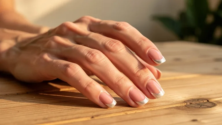 Photo ultra-réaliste de mains avec french manucure naturelle sans gel après un mois d'entretien