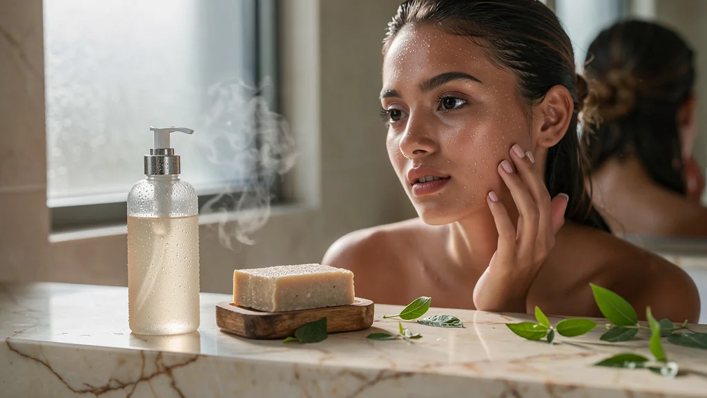 Comparaison entre savon solide et gel visage pour peau mixte dans une salle de bain lumineuse