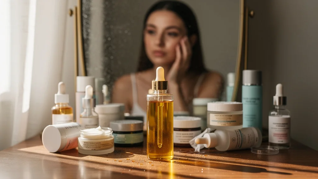 Bouteille d'huile visage seule au centre, entourée de soins empilés, lumière naturelle douce sur coiffeuse