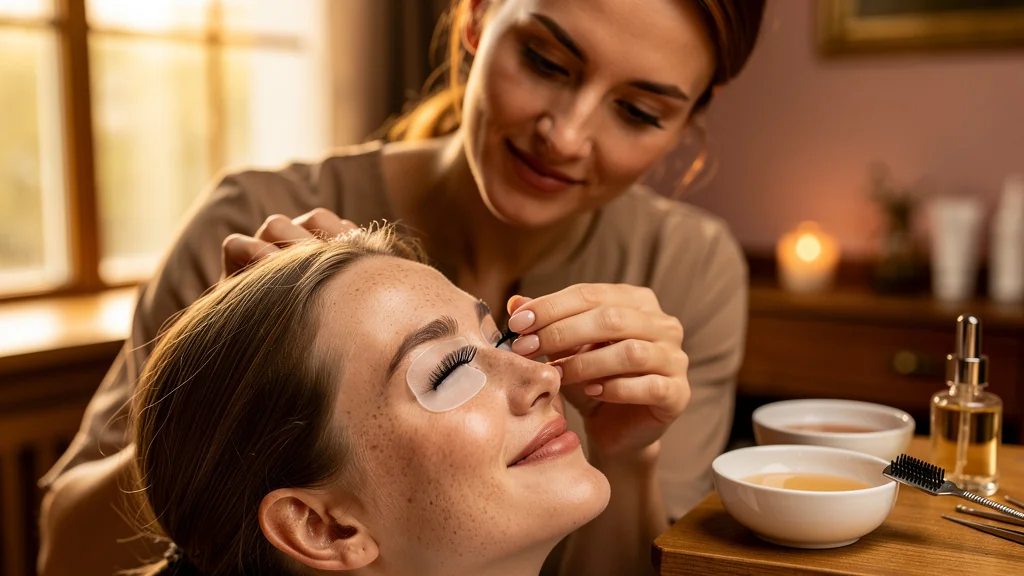 Test rehaussement de cils par coiffeuse locale, précision et soin dans un salon chaleureux