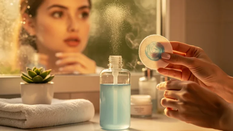 Flacon de démaquillant biphasé pour yeux sensibles sur une coiffeuse avec mains féminines délicates