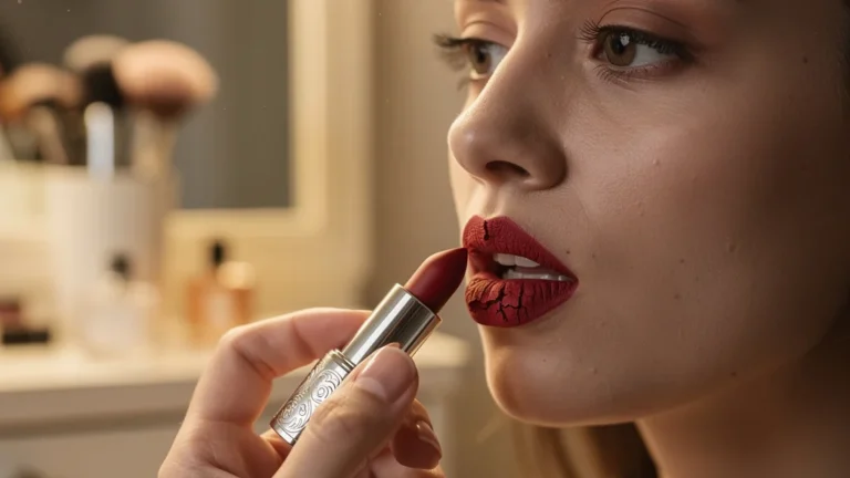 Femme appliquant un rouge mat sur lèvres sèches, texture et détails ultra-réalistes en lumière cinématographique