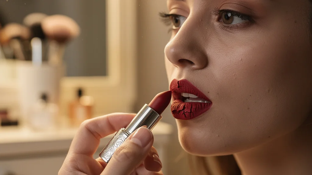 Femme appliquant un rouge mat sur lèvres sèches, texture et détails ultra-réalistes en lumière cinématographique