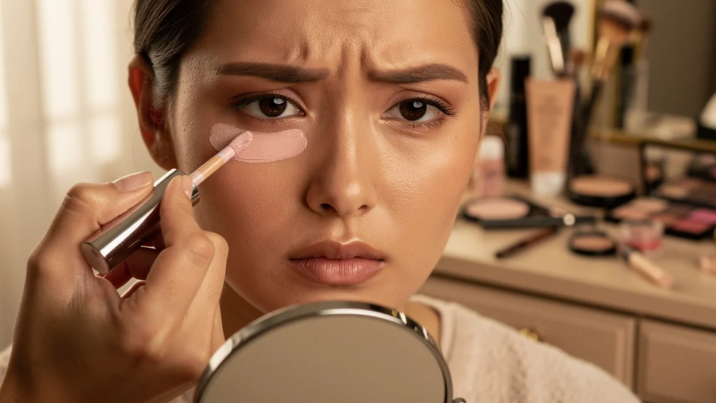 Femme appliquant un correcteur cernes mal adapté montrant l’importance de la nuance en maquillage