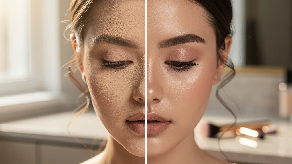 Comparaison visage zone T poudre libre et compacte, tenue maquillage visible en gros plan