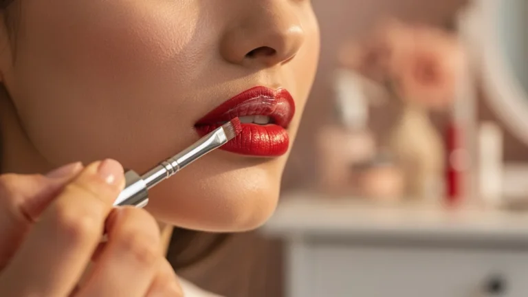 Femme appliquant un primer lèvres avant rouge à lèvres pour une couleur tenue toute la journée