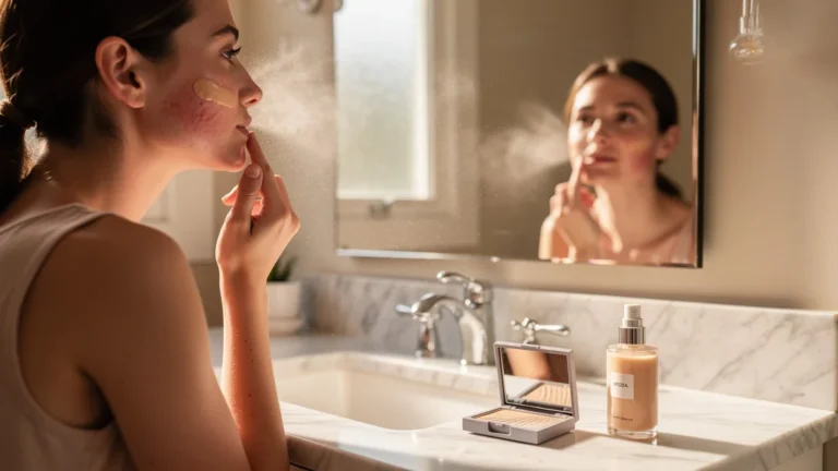 Jeune femme appliquant un fond de teint fluide apaisant sur peau sensible rouge après fond de teint minéral irritant