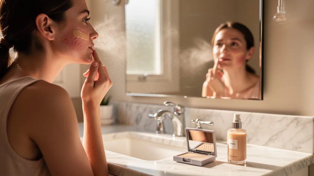 Jeune femme appliquant un fond de teint fluide apaisant sur peau sensible rouge après fond de teint minéral irritant