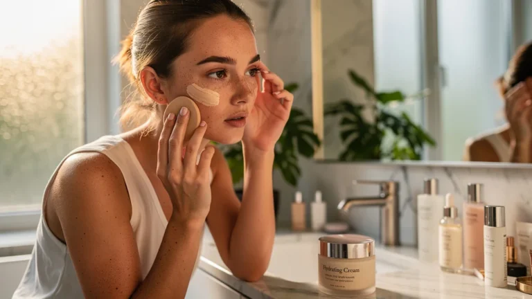 Femme appliquant BB crème et fond de teint sur peau mixte après hydratation, comparaison maquillage réaliste