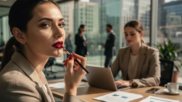 Femme professionnelle avec rouge à lèvres mat rouge appliqué de deux façons durant une journée de travail chargée