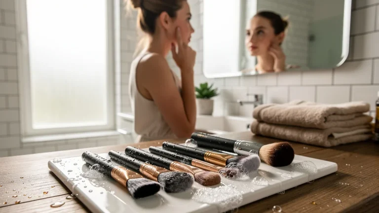 Photo réaliste d’une femme devant son miroir avec ses pinceaux de maquillage nettoyés, peau éclatante et routine beauté