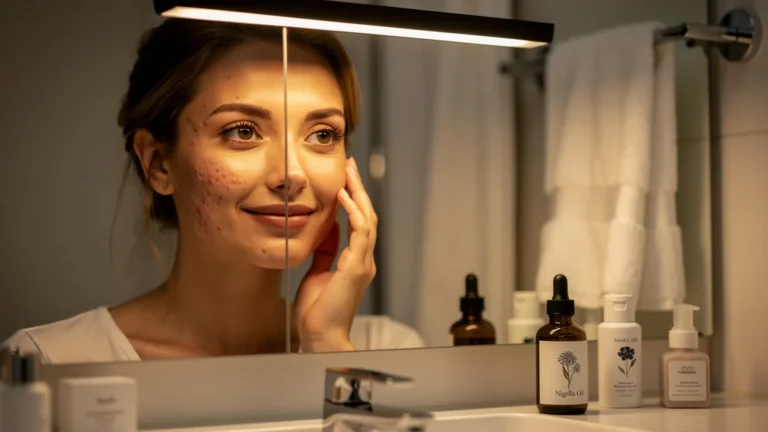 Femme testant l’huile de nigelle le soir sur ses imperfections pendant six semaines, visage divisé en deux
