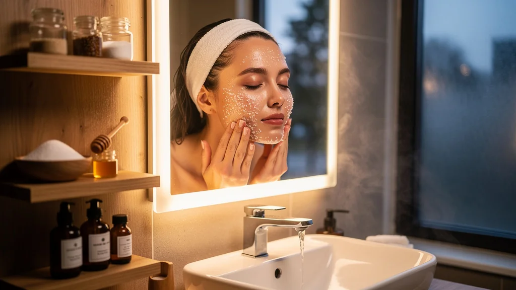 Jeune femme applique un gommage maison au sucre fin sur son visage un soir en zone par zone