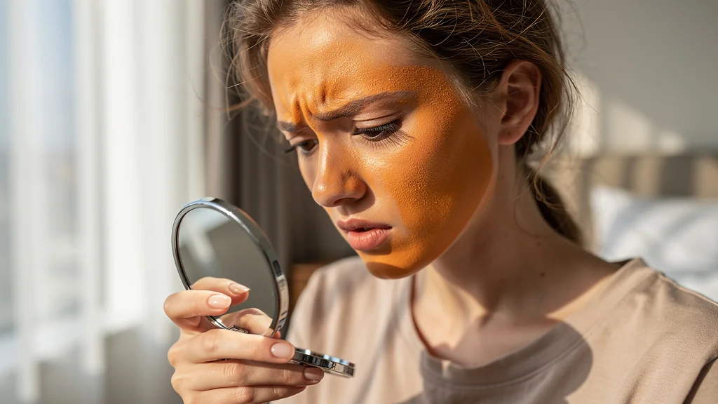 Femme regrettant d’avoir testé sa teinte de fond de teint sans lumière du jour, visage oxydé visible