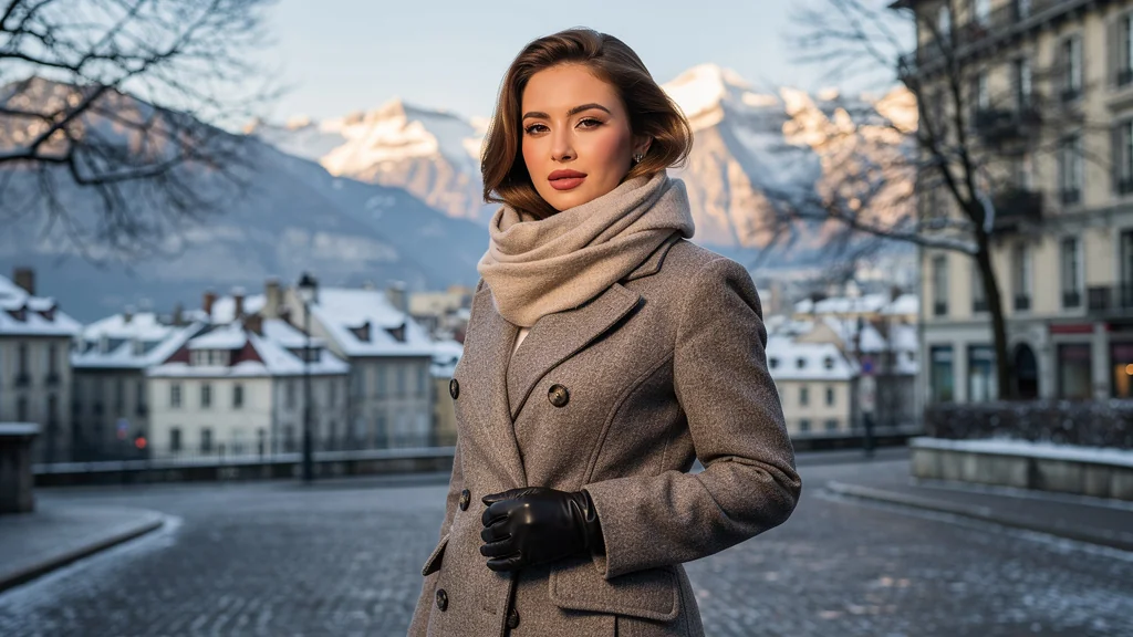 Femme à Grenoble en hiver avec maquillage impeccable malgré le froid sec et ambiance urbaine enneigée