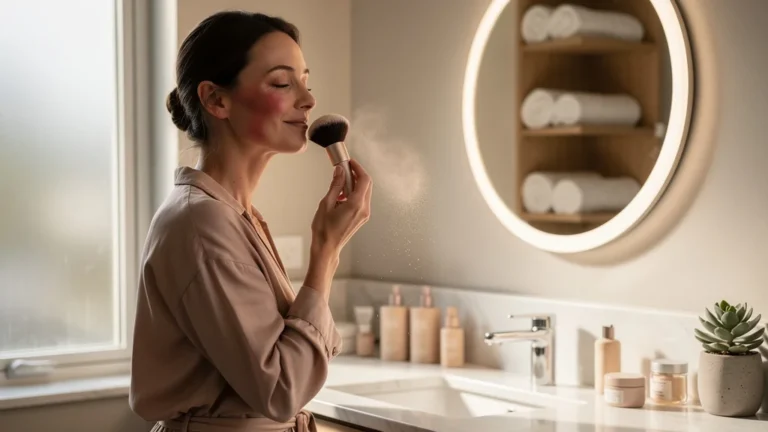 Femme appliquant un fond de teint minéral apaisant ses rougeurs de peau réactive