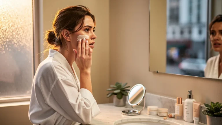 Femme appliquant une BB crème pour alléger son teint lors des matins pressés, moment précis capturé en photo