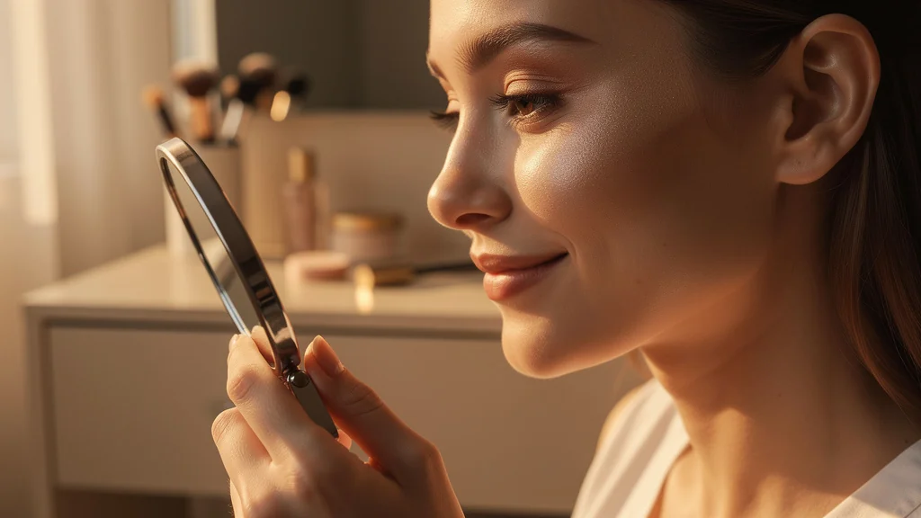Portrait ultra-réaliste d’une femme appliquant un contouring discret avec maîtrise de la lumière