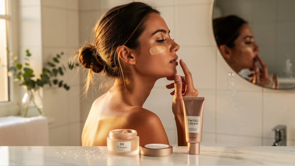 Femme appliquant BB crème avec crème teintée en ambiance matinale pour avis maquillage quotidien