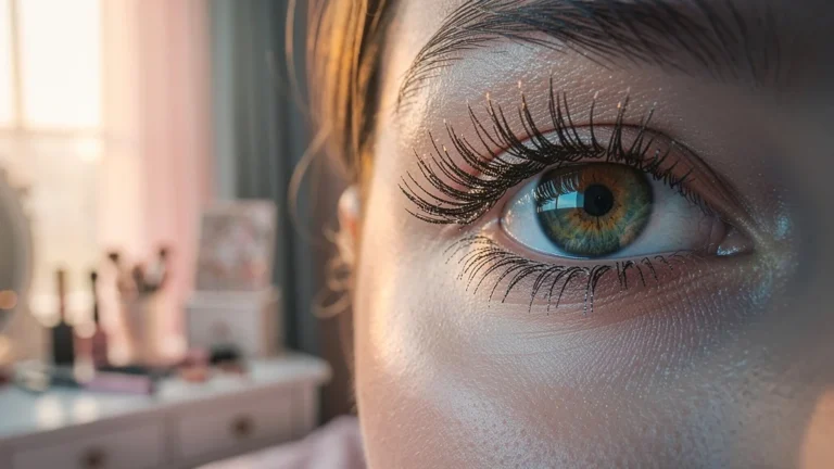 Femme aux cils allongés par mascara à fibres au réveil, contraste entre allure matinale et réalité quotidienne
