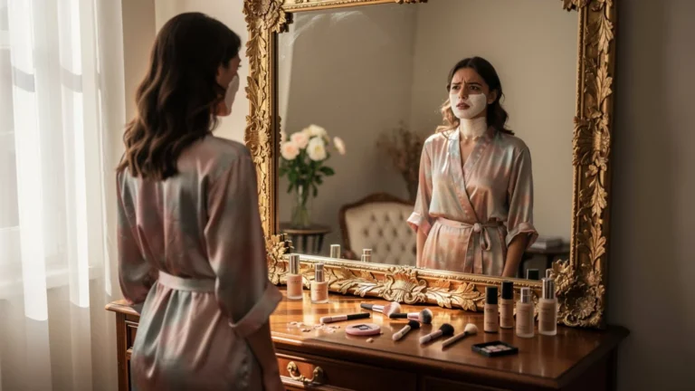 Femme regrettant un fond de teint trop clair utilisé pendant des années, reflet dans un miroir vintage