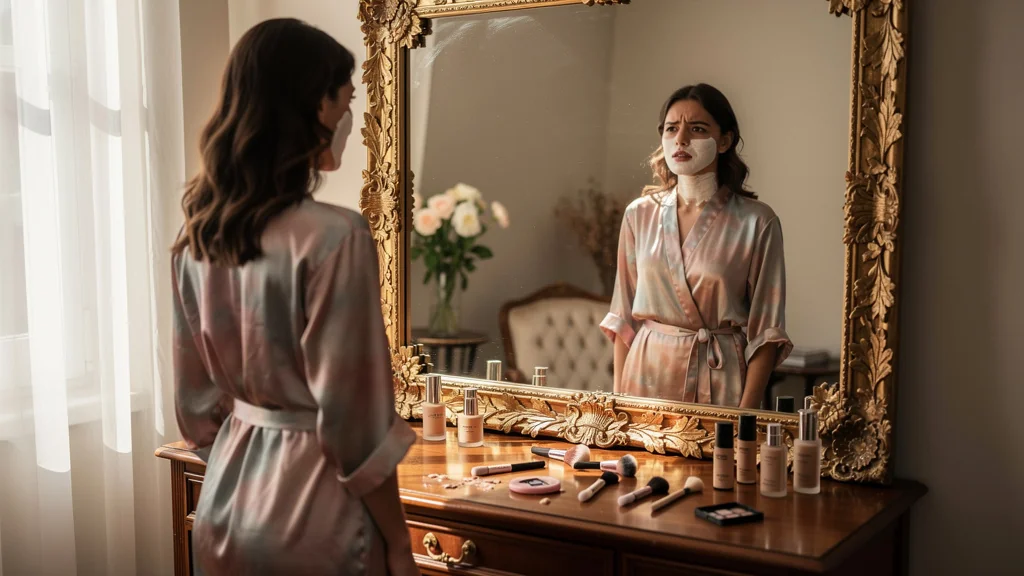 Femme regrettant un fond de teint trop clair utilisé pendant des années, reflet dans un miroir vintage