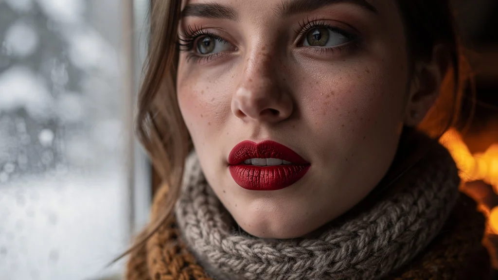 Comparaison réaliste rouge à lèvres mat et satiné en hiver sur lèvres féminines en gros plan