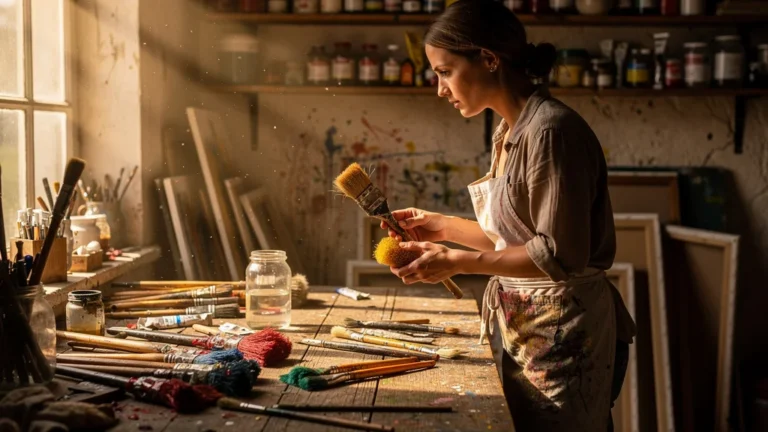 Artiste regrettant de ne pas avoir nettoyé ses pinceaux, atelier lumineux avec pinceaux sales et frais en 8K