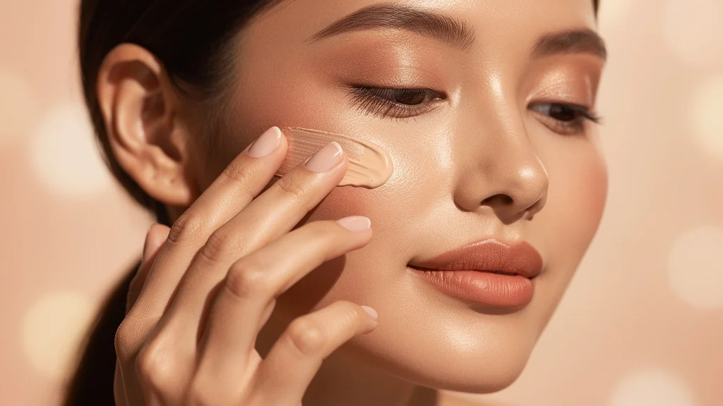 Femme appliquant un enlumineur crème pour un éclat naturel, peau plus sublimée que par une poudre.