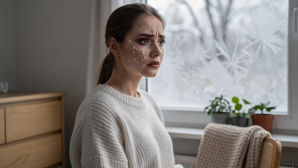 Femme devant une fenêtre en hiver avec maquillage tirant sur peau sèche non préparée