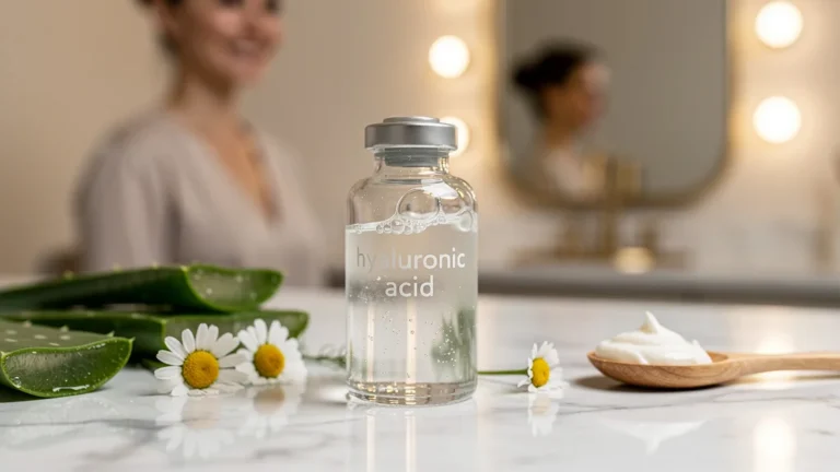 Vial d’acide hyaluronique pour cernes sur un comptoir de soin naturel, ambiance douce et lumineuse