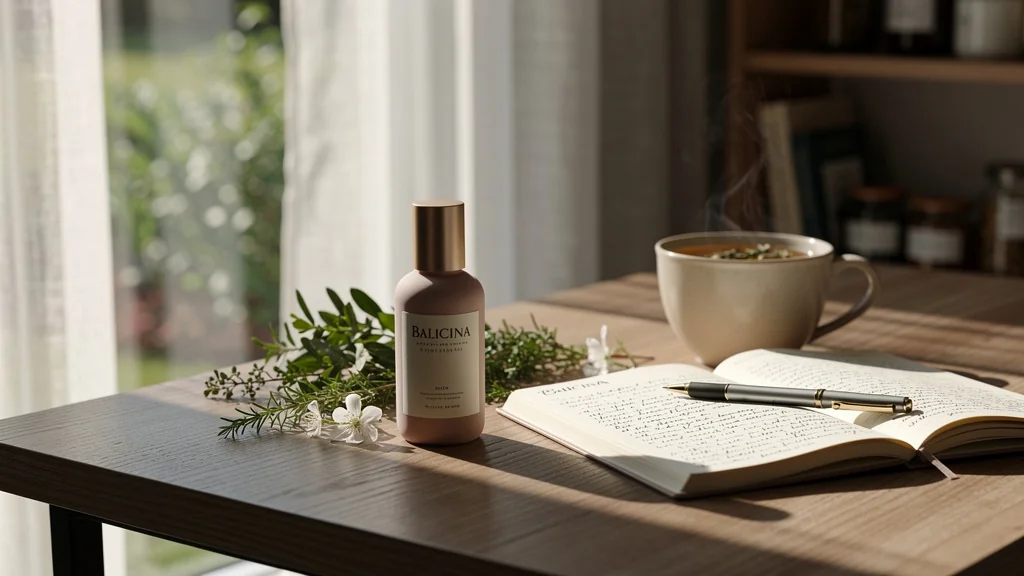 Bouteille Balicina élégante sur bureau lumineux, ambiance naturelle et professionnelle pour avis beauté