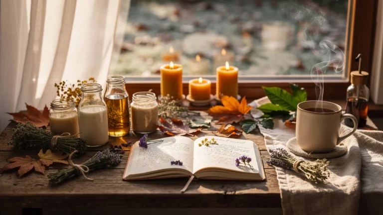 Espace intime avec éléments naturels illustrant les routines de saison en beauté naturelle
