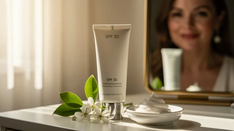 Tube de crème SPF 30 sur une coiffeuse lumineuse avec éléments naturels, lumière douce et ambiance élégante